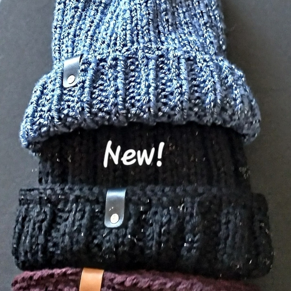 NWT Convertible Hand Knitted Beanies With Faux Leather Tags.